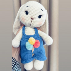 white rabbit, wearing blue overalls, yellow, red, blue, crochet pattern