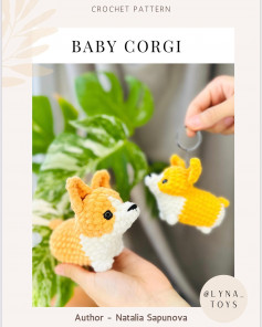yellow baby corgi keychain, white belly, black nose free crochet pattern
