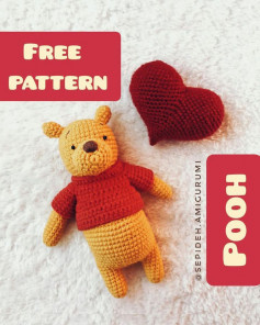 yellow bear pooh, wearing red shirt, red heart crochet pattern