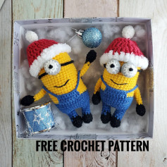 yellow minions red hat white border, blue overalls crochet pattern