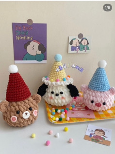 Bear, dog, pig wearing crochet pattern birthday hat