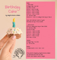birthday cake, blue candle, white cream, brown cake crochet pattern