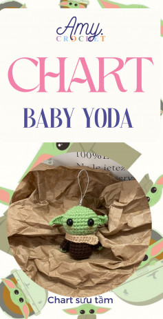 Chart móc baby yoda màu xanh, áo màu nâu.