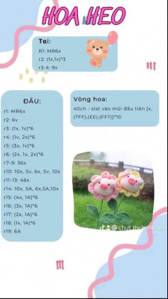 Chart móc len Hoa heo. mũi màu hồng.