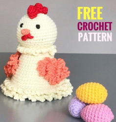free crochet pattern yellow chicken, red comb, orange wings.