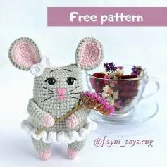 Gray mouse wearing dress, pink nose, pink ears crochet pattern