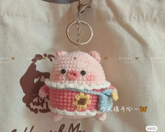 Pink pig keychain, blue crossbody bag.crochet patterns