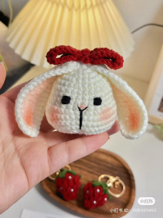 Collection of 5 keychain crochet patterns.rabbit with red bow, chicken, dog, rabbit with hat.