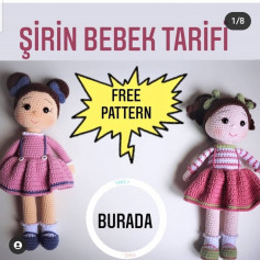 Kahverengi saçlı, pembe elbiseli, mavi fiyonklu bebek için tığ işi modeli.