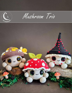 mushroom trio crochet pattern, brown hat, red hat, black hat