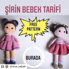 Pembe elbise giyen siyah saçlı bebek için tığ işi modeli