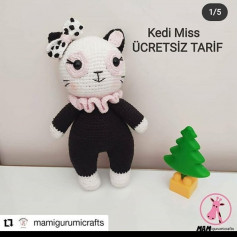 Siyah giysiler ve pembe tasma giyen bir kedi için tığ işi tarifi