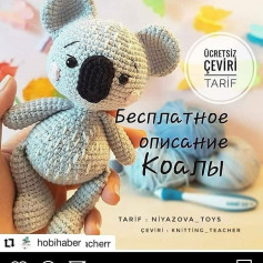 Siyah namlulu gri koala ayısı için tığ işi tarifi.