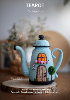 Teapot crochet pattern, decorated like a house.