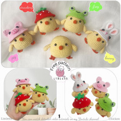 The chicks wear frog hats, pig hats, strawberry hats, and bunny hats