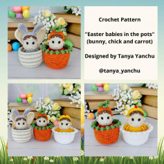 Crochet Pattern Easter babies in the pots (bunny, chick and carrot)