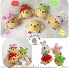 free pattern chicken with pig hat, strawberry hat, frog hat, bunny hat.