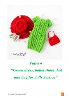 Pattern Green dress, ballet shoes, hat and bag for dolls Jessica