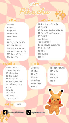 chart hướng dẫn móc len pikachu