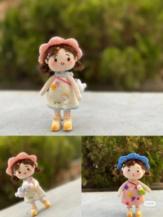 Crochet pattern for a little girl doll wearing a pink hat and dress.