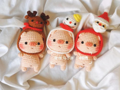Crochet pattern for a pig wearing a deer hat, a snowman hat, and a Santa hat