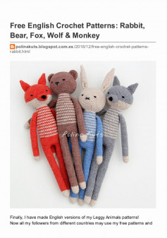 Free English Crochet Patterns: Rabbit, Bear, Fox, Wolf & Monkey