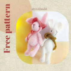 Crochet pattern for a white rabbit wearing a hat.