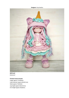 Crochet pattern for a doll wearing a unicorn hat