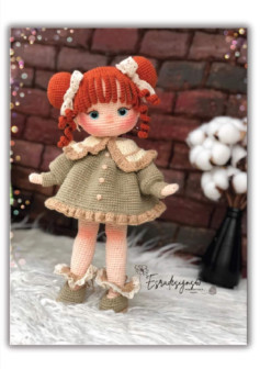 Crochet pattern for a red-haired doll wearing a dress and bun