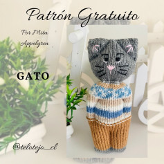 Patrón de crochet de gato gris con pantalón y camisa.