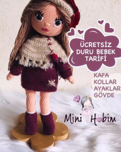 Şapka ve elbise giyen kız bebek için tığ işi modeli.