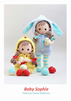 Baby Sophie Pattern, Crochet pattern for a little girl doll wearing a rabbit-eared jacket and holding an egg