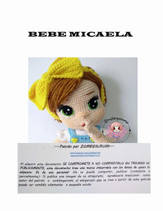 BEBE MICAELA, Crochet pattern for baby girl doll wearing overalls and yellow bow.