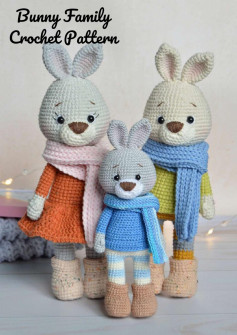 Bunny Family Crochet Pattern, Family crochet pattern for rabbits wearing scarves and sweaters