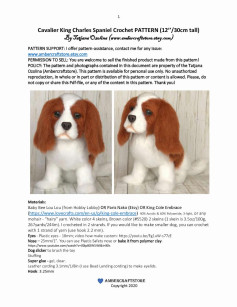 Cavalier King Charles Spaniel Crochet PATTERN (12’’/30cm tall) , white dog, brown ears