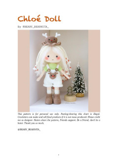 Chlo é Doll Chloé, Crochet pattern for a white-haired doll wearing a deer hat and wearing overalls