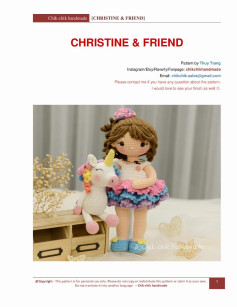 CHRISTINE & FRIEND Pattern, brown-haired doll wearing a dress and a unicorn