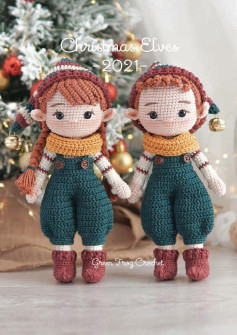 Christmas Elves -2021, Crochet pattern for a couple doll wearing overalls, a scarf and a wool hat