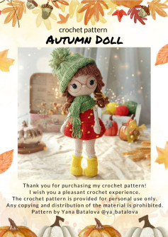 crochet pattern Autumn Doll, Baby girl doll wearing a red dress, scarf and wool hat