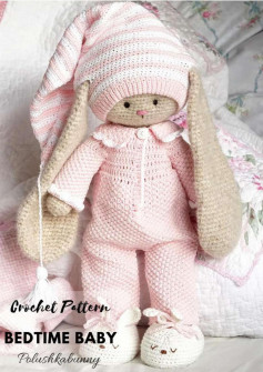 crochet pattern bedtime baby, bunny doll wearing light pink pajamas