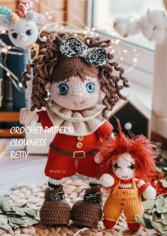 CROCHET PATTERN CLOWNESS BETTY, curly hair doll wearing red outfit.