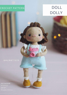 CROCHET PATTERN doll dolly, Crochet pattern for a little girl doll wearing overalls holding a camera