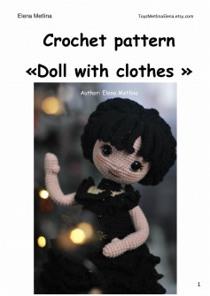 Crochet pattern «Doll with clothes », Girl doll crochet pattern with black outfit