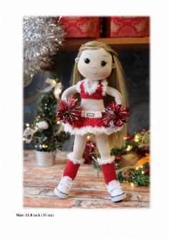 Crochet pattern for a cheerleader doll with long hair wearing a short shirt and skirt