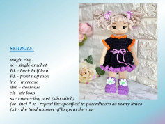 Crochet pattern for a white-haired little girl doll wearing a black dress and pink shoes