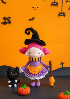 Crochet pattern for a witch doll wearing a witchs hat, broom, cat, pumpkin
