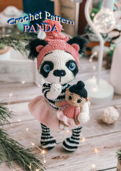 crochet pattern panda, panda wearing a dress and a mane of hair