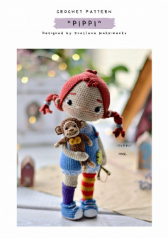 CROCHET PATTERN PIPPI, Crochet pattern for a little girl doll holding a baby monkey