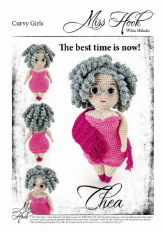 Curvy Girls The best time is now! Thea © 2021 Miss Hook, Crochet model of a chubby girl doll with gray hair and wearing a pink dress