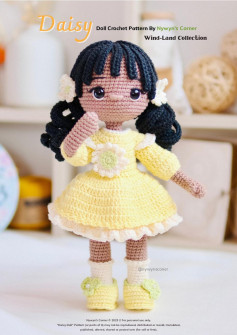 Daisy Doll Crochet Pattern, Girl doll crochet pattern with black hair and yellow dress